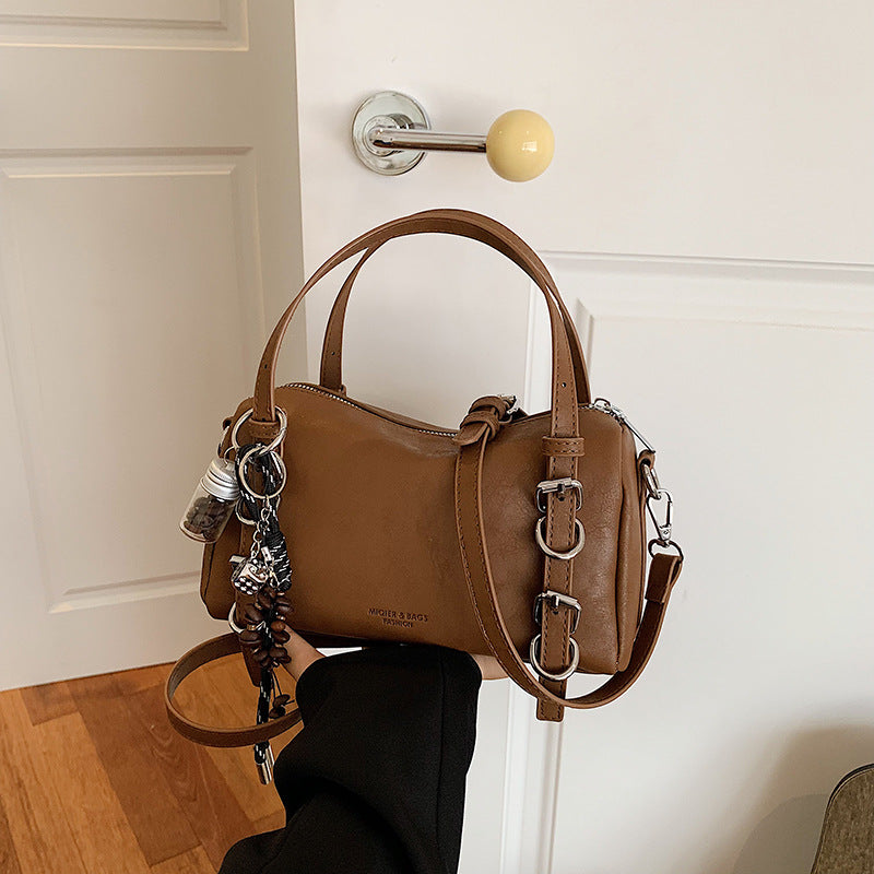 Splicing Pillow Shape Bag In PU Leather With Sewing Thread Detail, Featuring Top Handle, Perfect For Autumn And Winter