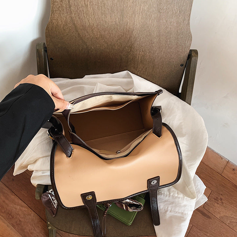 Women’s Square Splicing Messenger Bag In PU Leather Featuring Sewing Thread With Single Shoulder Strap