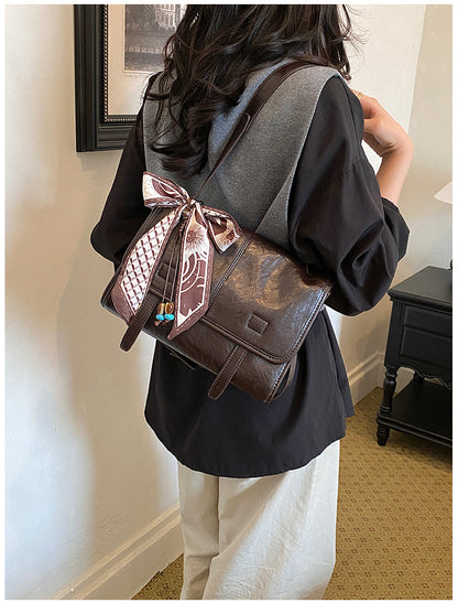 Women’s Square Splicing Messenger Bag In PU Leather Featuring Sewing Thread With Single Shoulder Strap