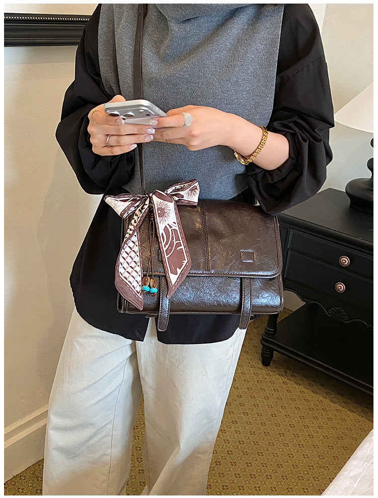 Women’s Square Splicing Messenger Bag In PU Leather Featuring Sewing Thread With Single Shoulder Strap