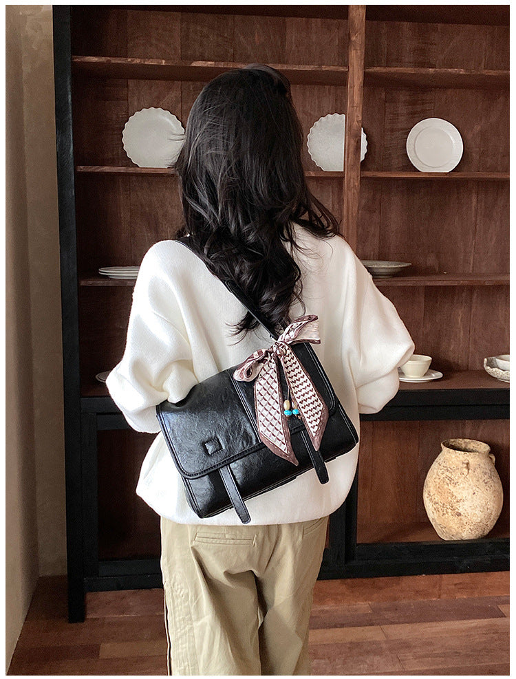 Women’s Square Splicing Messenger Bag In PU Leather Featuring Sewing Thread With Single Shoulder Strap