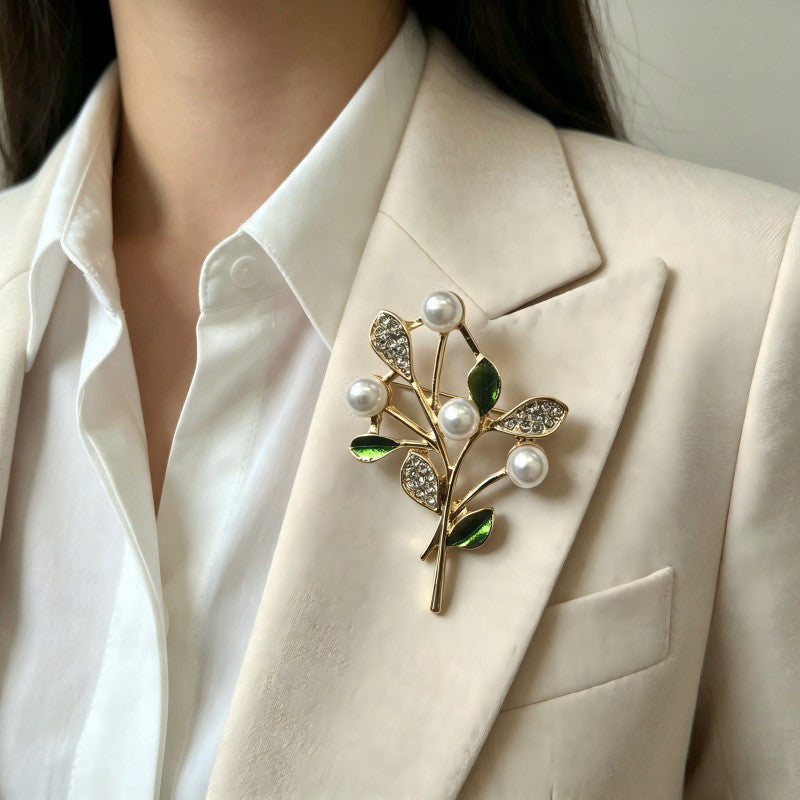 Alloy Tree Pin With Enamel Craft And Artificial Pearl Inlay
