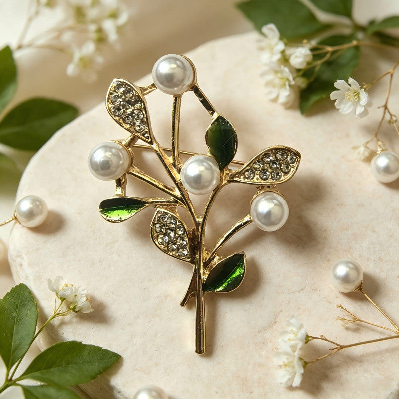 Alloy Tree Pin With Enamel Craft And Artificial Pearl Inlay
