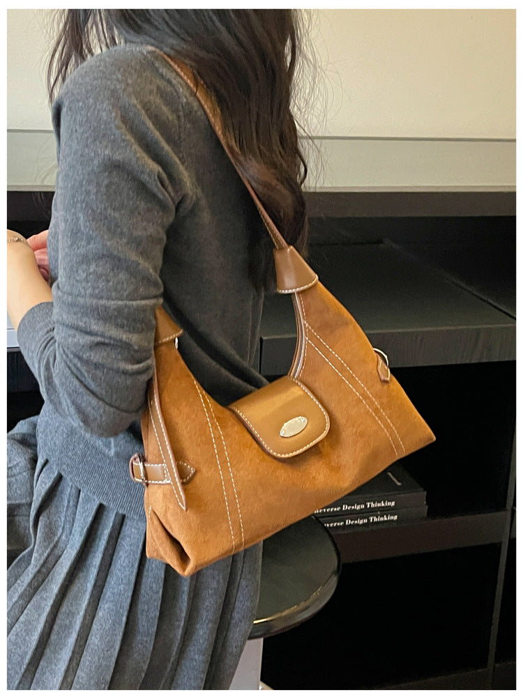 Square Splicing Shoulder Bag In PU Leather Featuring Sewing Thread, Single Shoulder Strap Designed For Autumn