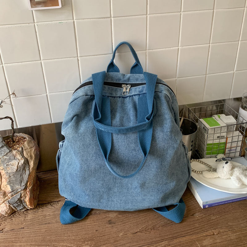 Women’s Denim Splicing Backpack With Sewing Thread Detail, Wear-Resistant Design For Autumn