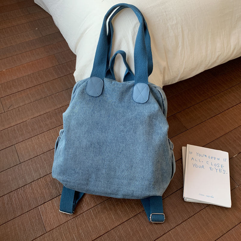 Women’s Denim Splicing Backpack With Sewing Thread Detail, Wear-Resistant Design For Autumn