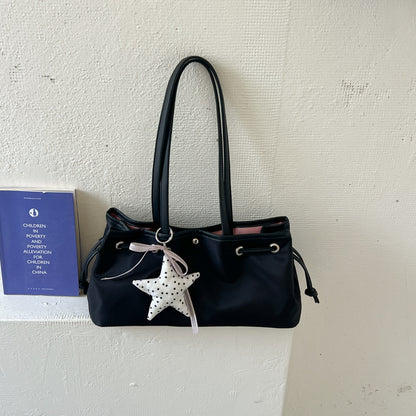 Women’s Square Splicing Tote Bag With Sewing Thread Detail, Made Of Polyester, Featuring Single Shoulder Strap