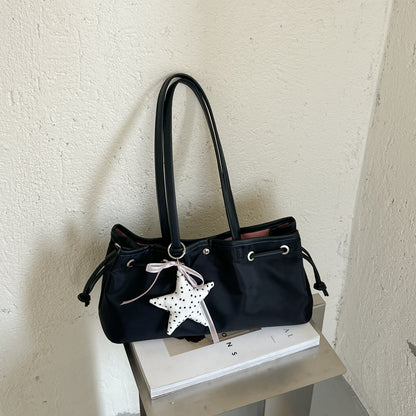 Women’s Square Splicing Tote Bag With Sewing Thread Detail, Made Of Polyester, Featuring Single Shoulder Strap