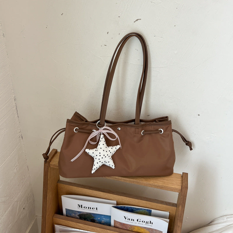 Women’s Square Splicing Tote Bag With Sewing Thread Detail, Made Of Polyester, Featuring Single Shoulder Strap