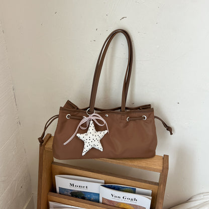 Women’s Square Splicing Tote Bag With Sewing Thread Detail, Made Of Polyester, Featuring Single Shoulder Strap