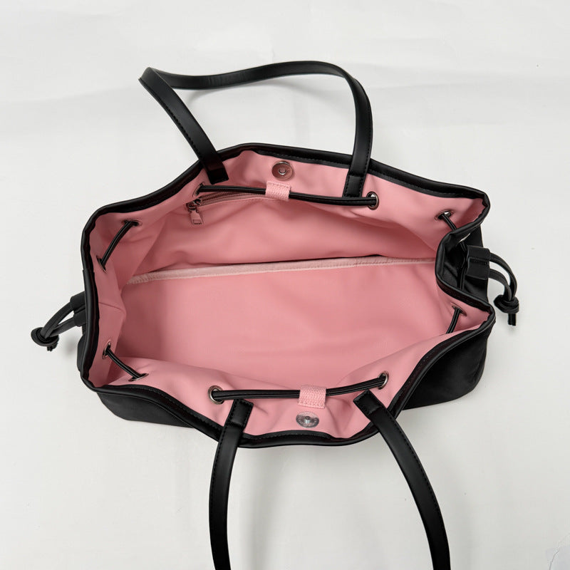 Women’s Square Splicing Tote Bag With Sewing Thread Detail, Made Of Polyester, Featuring Single Shoulder Strap