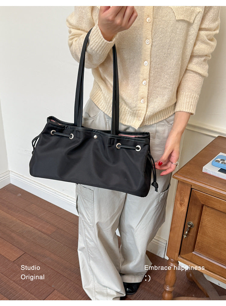 Women’s Square Splicing Tote Bag With Sewing Thread Detail, Made Of Polyester, Featuring Single Shoulder Strap