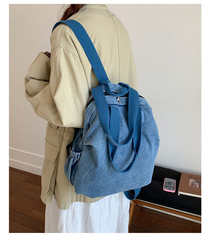 Women’s Denim Splicing Backpack With Sewing Thread Detail, Wear-Resistant Design For Autumn