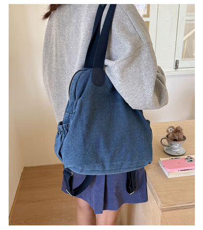 Women’s Denim Splicing Backpack With Sewing Thread Detail, Wear-Resistant Design For Autumn