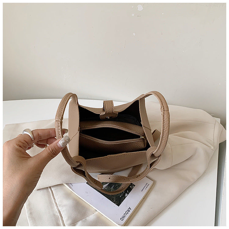Women’s PU Leather Splicing Bucket Crossbody Bag With Sewing Thread Detail, Perfect For Autumn