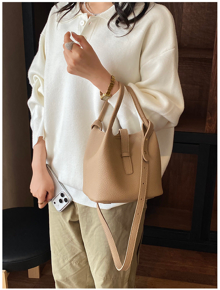 Women’s PU Leather Splicing Bucket Crossbody Bag With Sewing Thread Detail, Perfect For Autumn