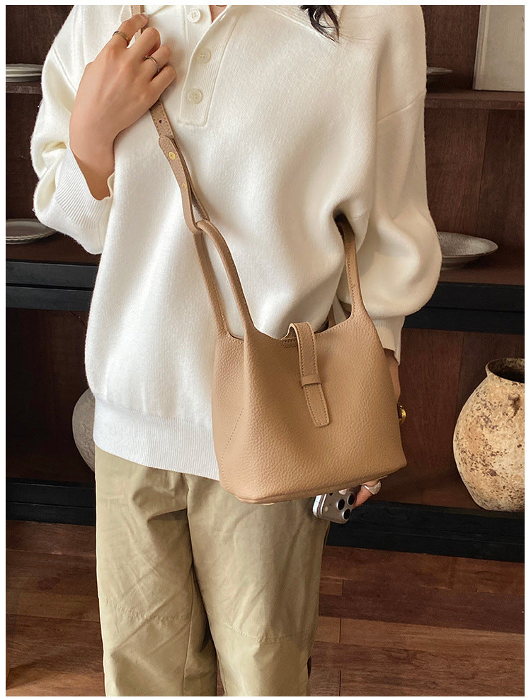Women’s PU Leather Splicing Bucket Crossbody Bag With Sewing Thread Detail, Perfect For Autumn