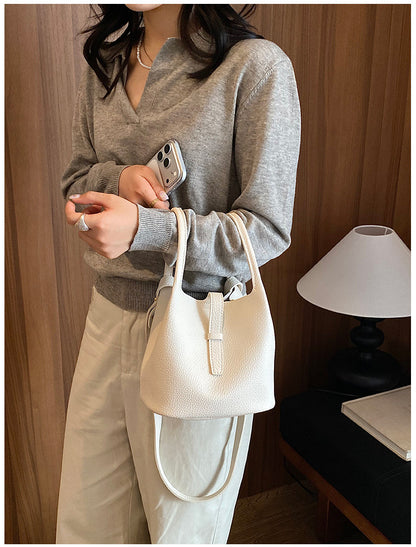 Women’s PU Leather Splicing Bucket Crossbody Bag With Sewing Thread Detail, Perfect For Autumn