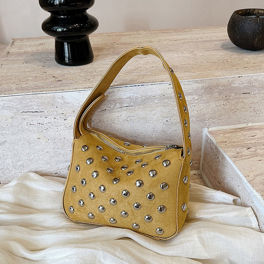 Solid Color Square Suede Bag With Rivet Detail, Featuring Top Handle, Stylish Ladies' Shoulder Bag