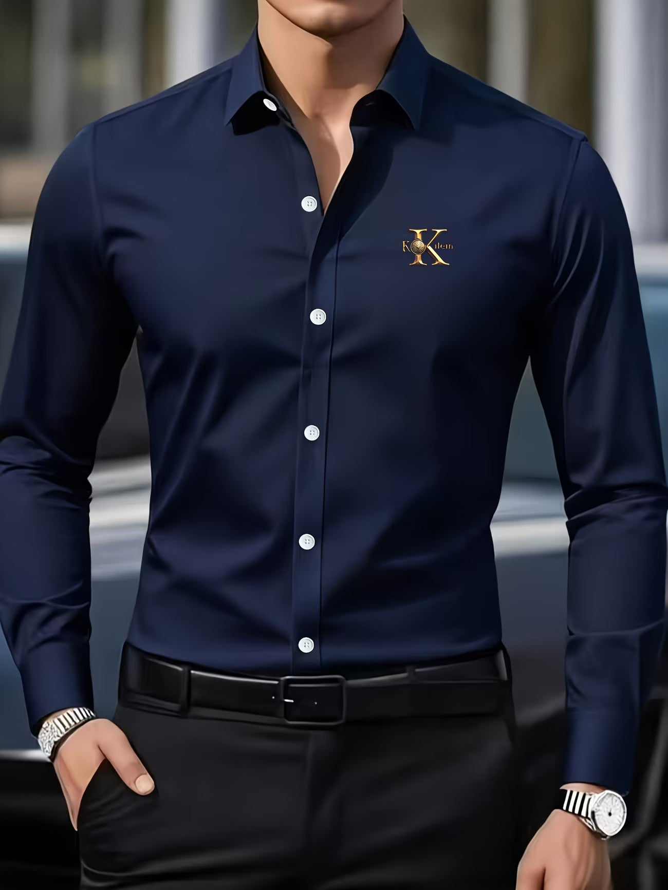 Solid Color Men's Business Shirt With Long Sleeves, 3D Print Craftsmanship, Polyester Fabric, And Lapel Collar