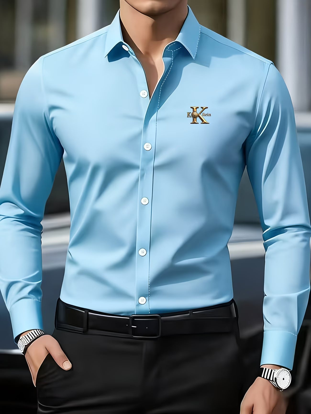 Solid Color Men's Business Shirt With Long Sleeves, 3D Print Craftsmanship, Polyester Fabric, And Lapel Collar