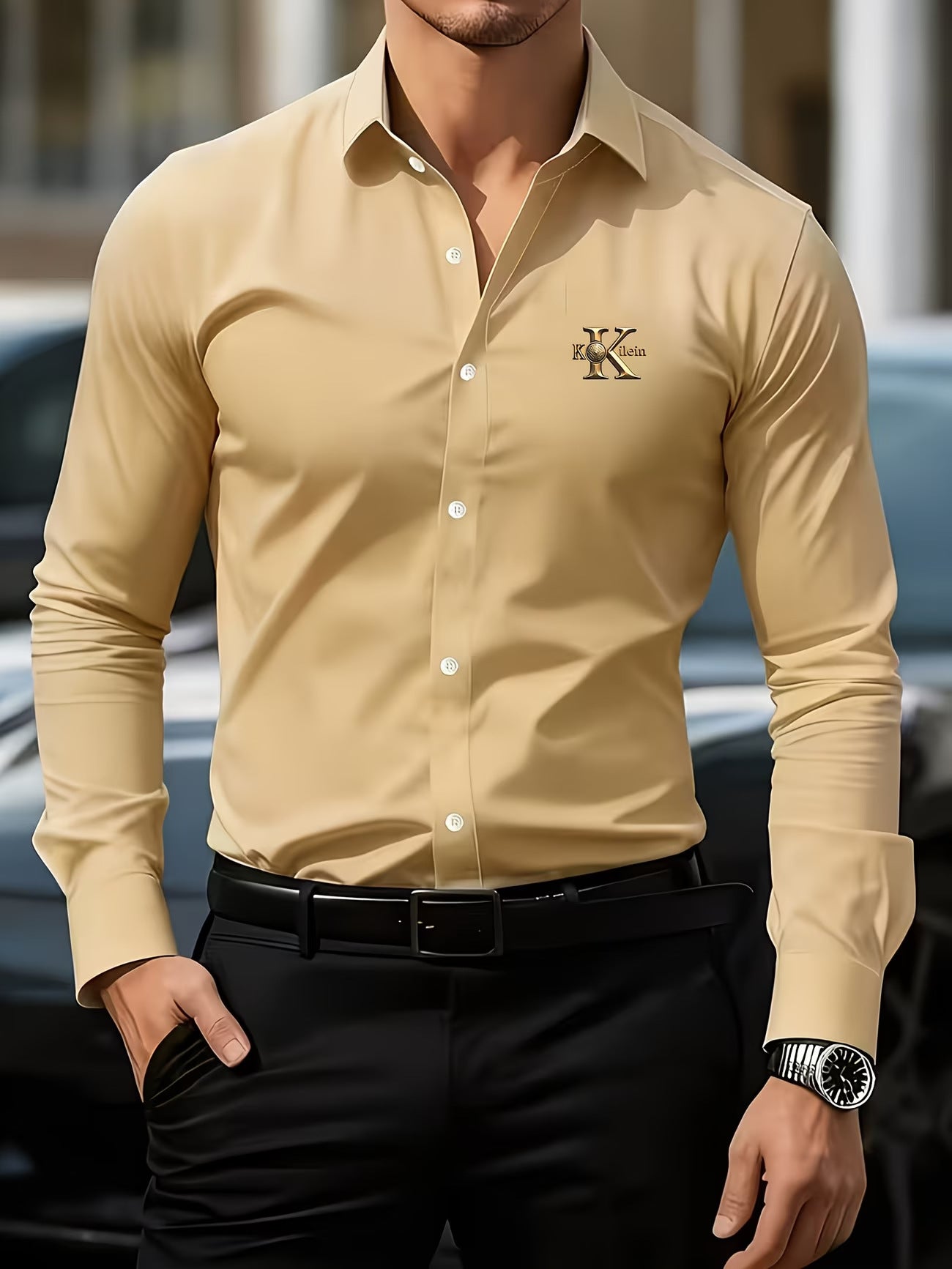 Solid Color Men's Business Shirt With Long Sleeves, 3D Print Craftsmanship, Polyester Fabric, And Lapel Collar