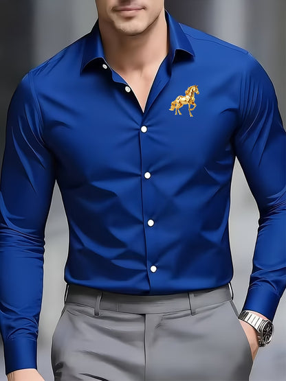 Solid Color Men's Business Shirt With Long Sleeves, 3D Print Craftsmanship, Polyester Fabric, And Lapel Collar