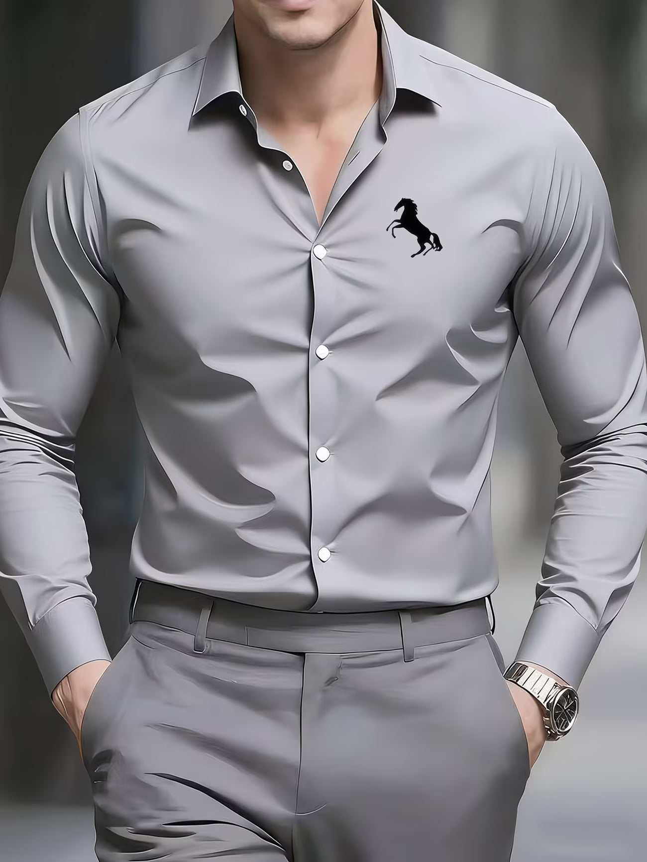 Solid Color Men's Business Shirt With Long Sleeves, 3D Print Craftsmanship, Polyester Fabric, And Lapel Collar