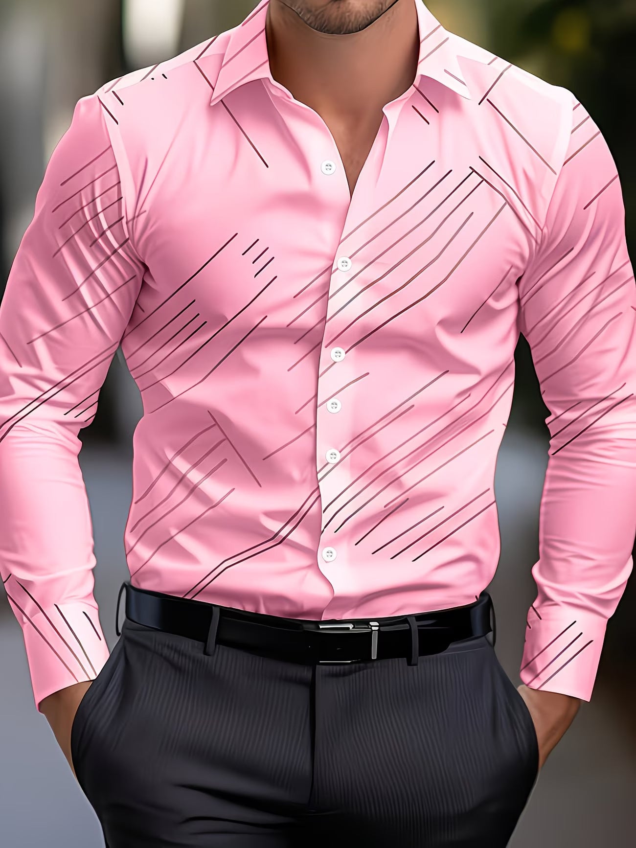 Solid Color Men's Business Shirt With Long Sleeves, 3D Print Craftsmanship, Polyester Fabric, And Lapel Collar