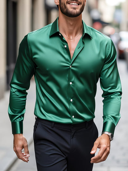 Solid Color Men's Business Shirt With Long Sleeves, 3D Print Craftsmanship, Polyester Fabric, And Lapel Collar