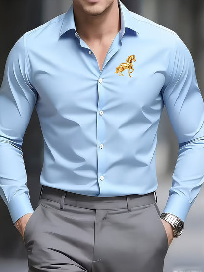 Solid Color Men's Business Shirt With Long Sleeves, 3D Print Craftsmanship, Polyester Fabric, And Lapel Collar