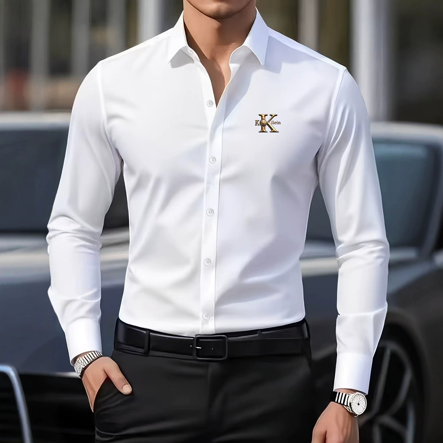 Solid Color Men's Business Shirt With Long Sleeves, 3D Print Craftsmanship, Polyester Fabric, And Lapel Collar