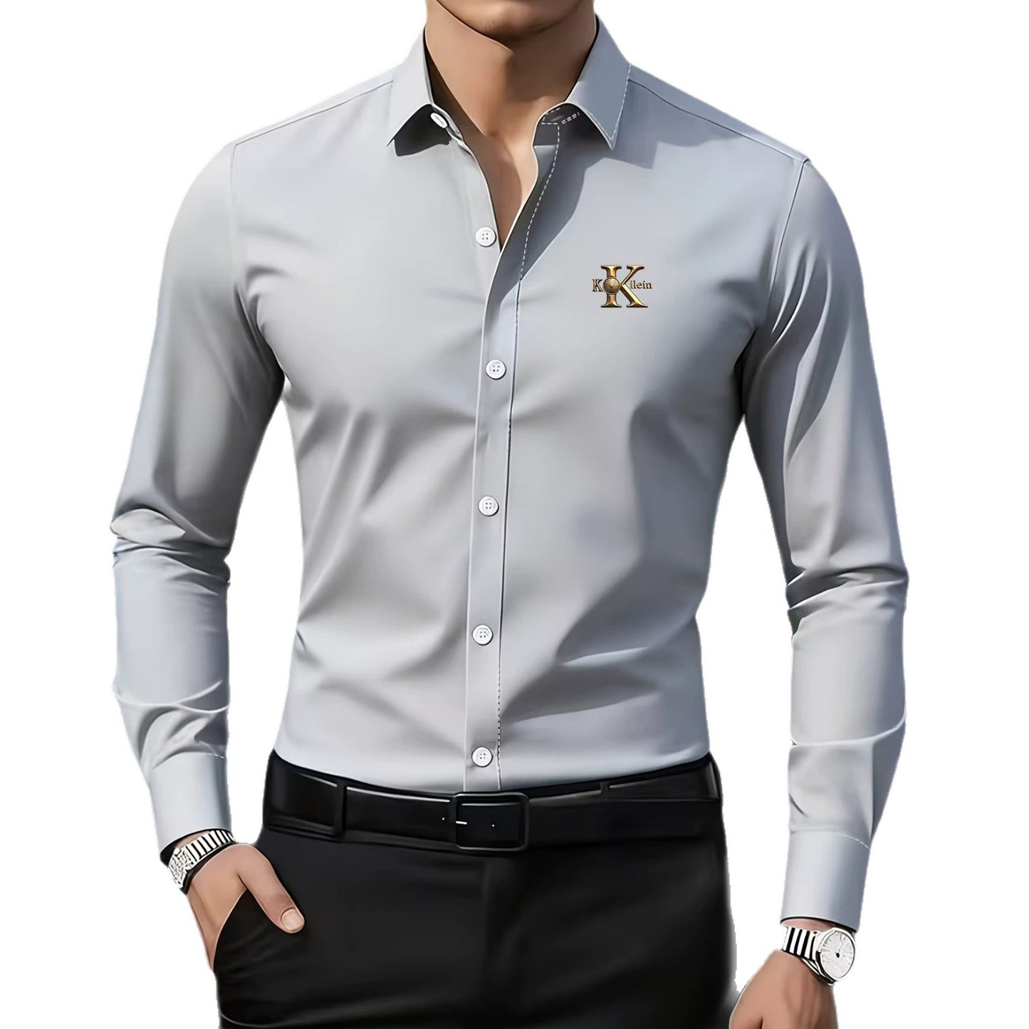 Solid Color Men's Business Shirt With Long Sleeves, 3D Print Craftsmanship, Polyester Fabric, And Lapel Collar