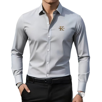 Solid Color Men's Business Shirt With Long Sleeves, 3D Print Craftsmanship, Polyester Fabric, And Lapel Collar