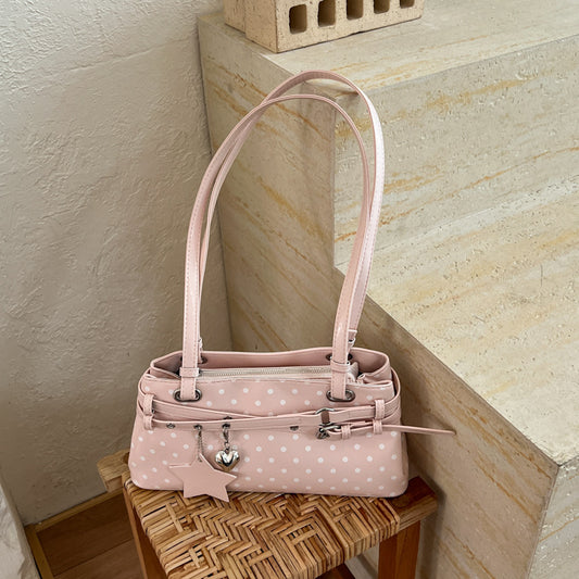 Polka Dots Square PU Leather Tote Bag With Sewing Thread Detail, Top Handle Underarm Bag For Summer
