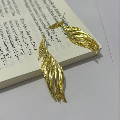 Exaggerated Handmade Feather Stud Earrings For Women In Copper With KC Golden Electroplated Finish