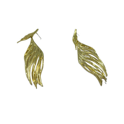Exaggerated Handmade Feather Stud Earrings For Women In Copper With KC Golden Electroplated Finish