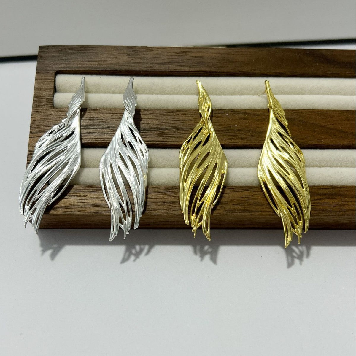 Exaggerated Handmade Feather Stud Earrings For Women In Copper With KC Golden Electroplated Finish