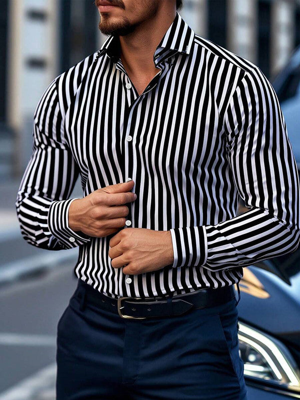 Stripe Business Long Sleeve Men's Shirt In 4-Way Stretch Fabric With Lapel Collar, Suitable For Summer