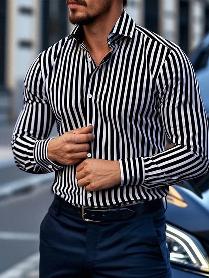 Stripe Business Long Sleeve Men's Shirt In 4-Way Stretch Fabric With Lapel Collar, Suitable For Summer