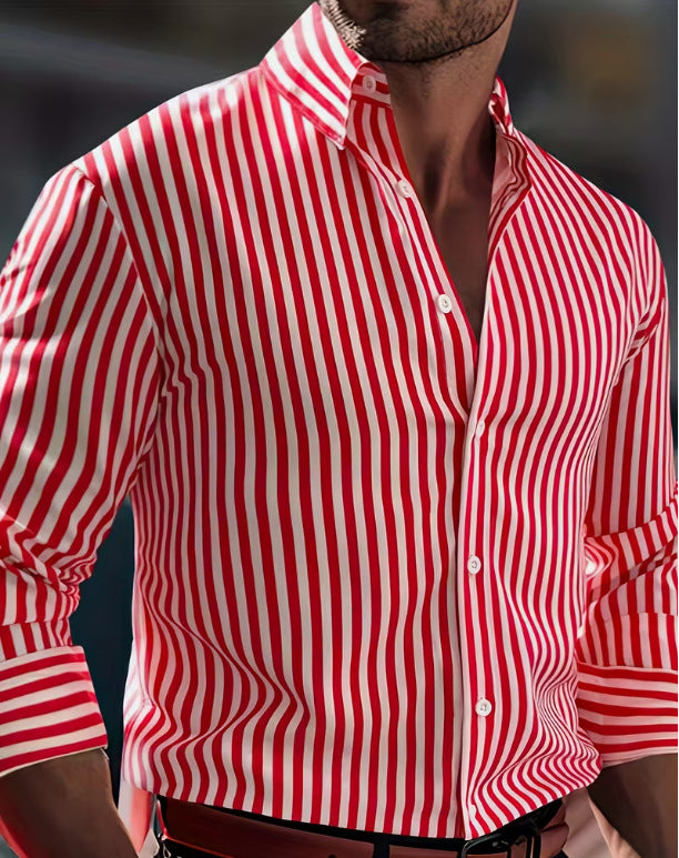 Stripe Business Long Sleeve Men's Shirt In 4-Way Stretch Fabric With Lapel Collar, Suitable For Summer