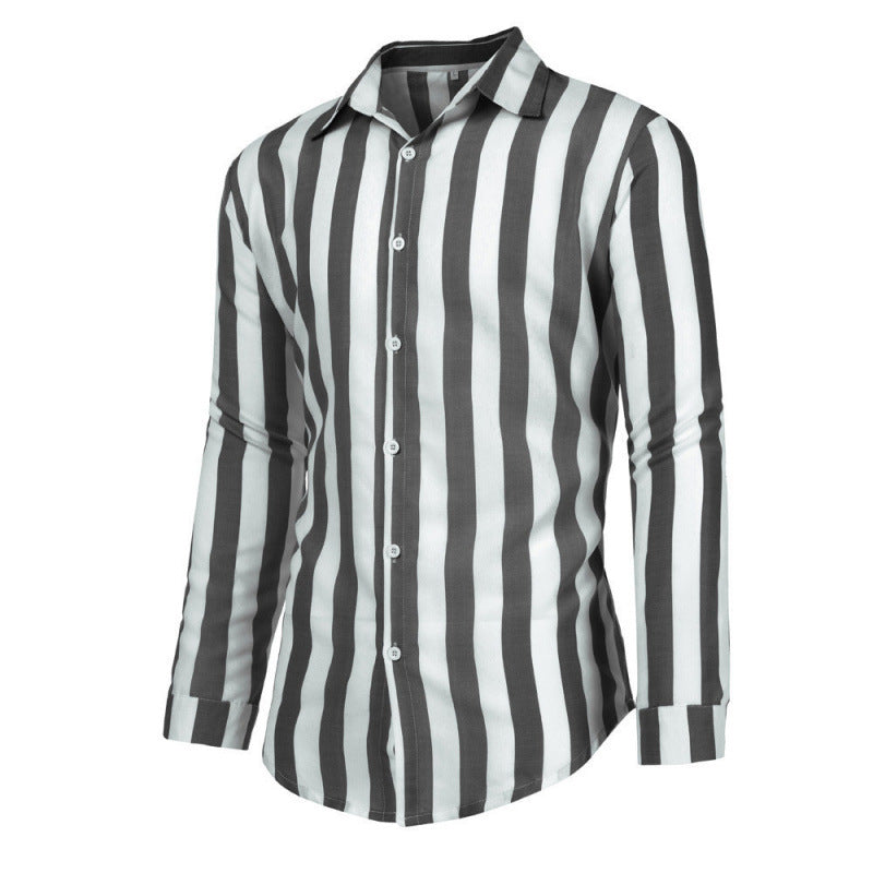 Casual Stripe Long Sleeve Men's Shirt In Polyester Fabric With Printing Craft And Lapel Collar