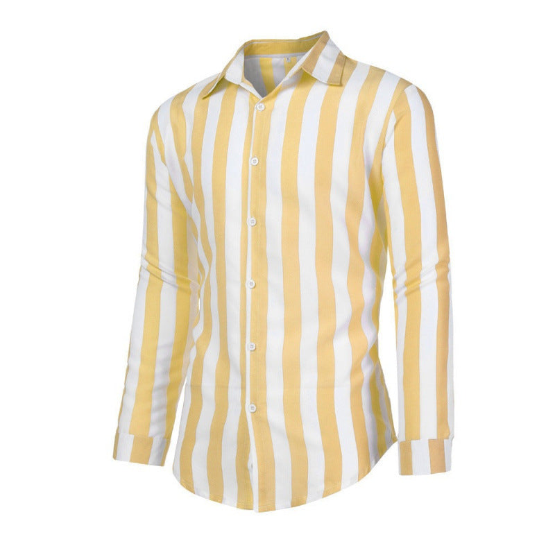 Casual Stripe Long Sleeve Men's Shirt In Polyester Fabric With Printing Craft And Lapel Collar