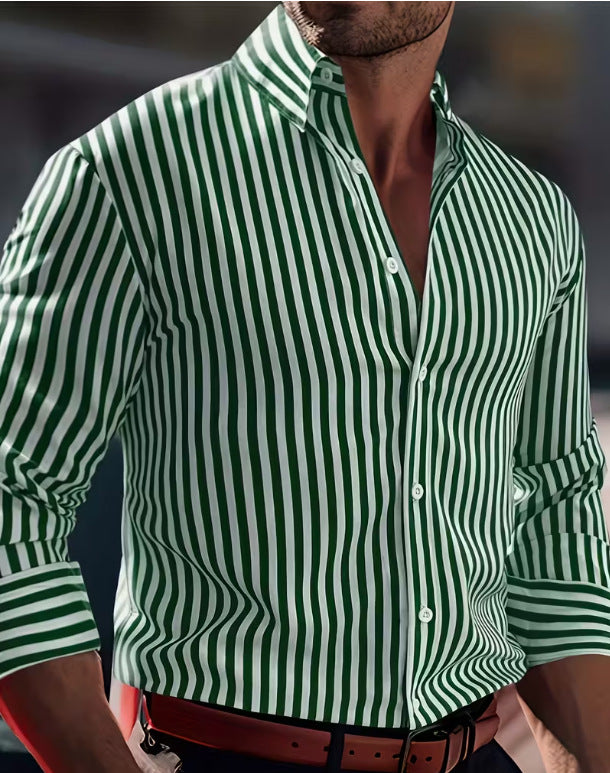Stripe Business Long Sleeve Men's Shirt In 4-Way Stretch Fabric With Lapel Collar, Suitable For Summer
