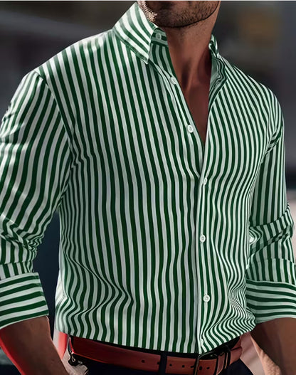 Stripe Business Long Sleeve Men's Shirt In 4-Way Stretch Fabric With Lapel Collar, Suitable For Summer