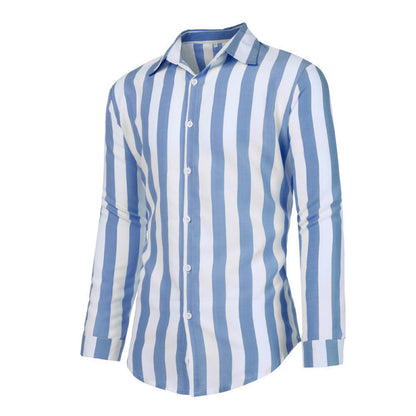 Casual Stripe Long Sleeve Men's Shirt In Polyester Fabric With Printing Craft And Lapel Collar