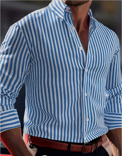 Stripe Business Long Sleeve Men's Shirt In 4-Way Stretch Fabric With Lapel Collar, Suitable For Summer