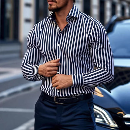 Stripe Business Long Sleeve Men's Shirt In 4-Way Stretch Fabric With Lapel Collar, Suitable For Summer