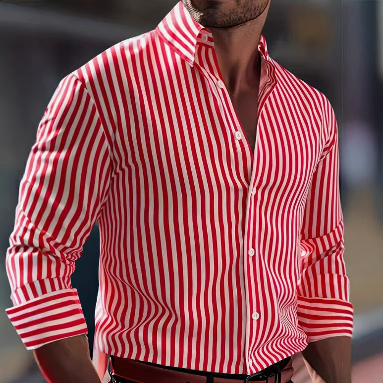 Stripe Business Long Sleeve Men's Shirt In 4-Way Stretch Fabric With Lapel Collar, Suitable For Summer