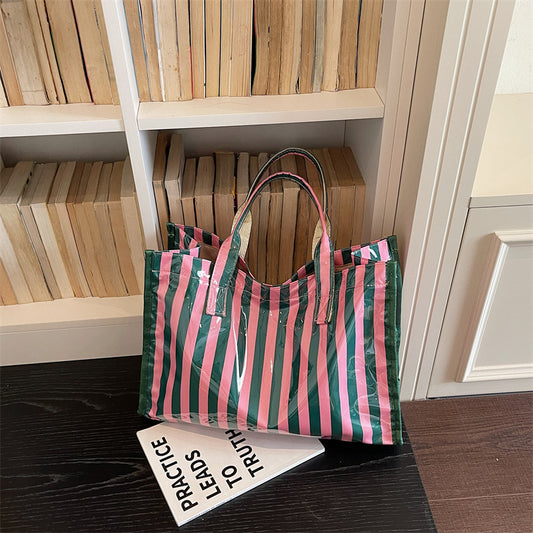 Stripe Square PVC Tote Bag With Sewing Thread Detail, Top Handle, Perfect For Summer